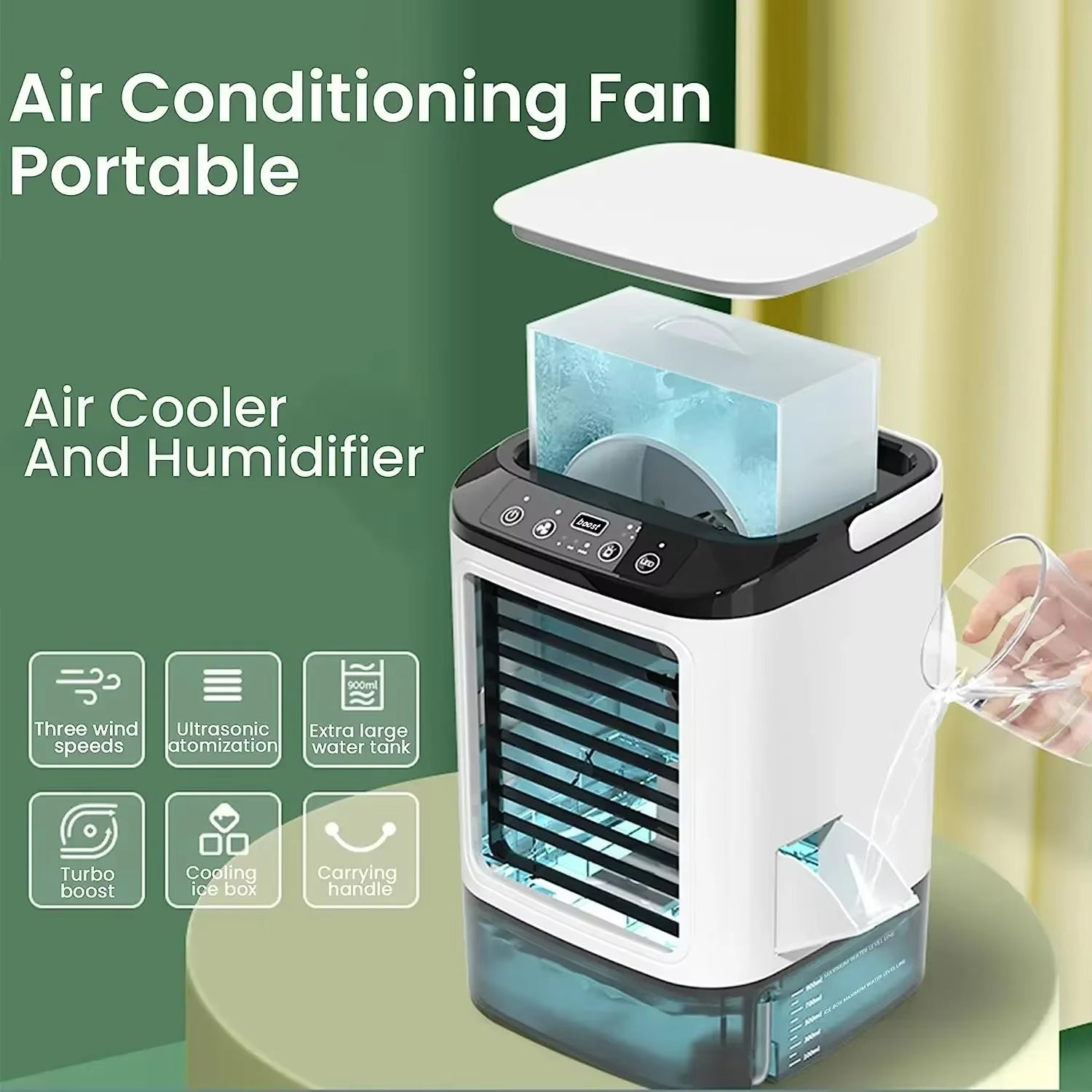 MintFesi Misting Fan 900mL Ice Compartment 10-in-1 Humidifier Quiet 35dB Portable Cooler