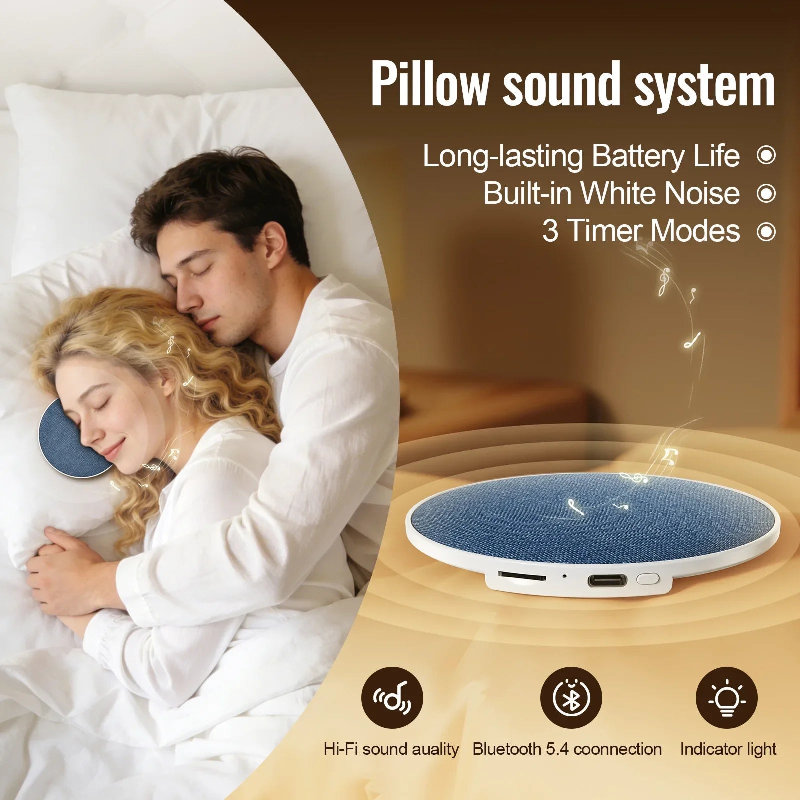 SpikMek Bluetooth 5.4 Under-Pillow Speaker with 360° Surround Sound, HiFi Stereo and 12-Hour Battery Life