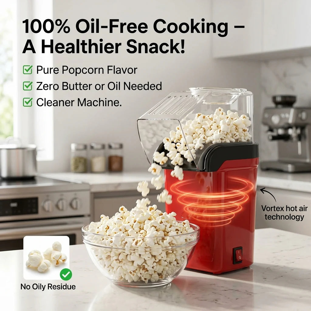 EaziCrisp Hot Air Popcorn Popper - 99% High Efficiency Oil-Free Popcorn Maker, Under 3 Minutes Fast Popping