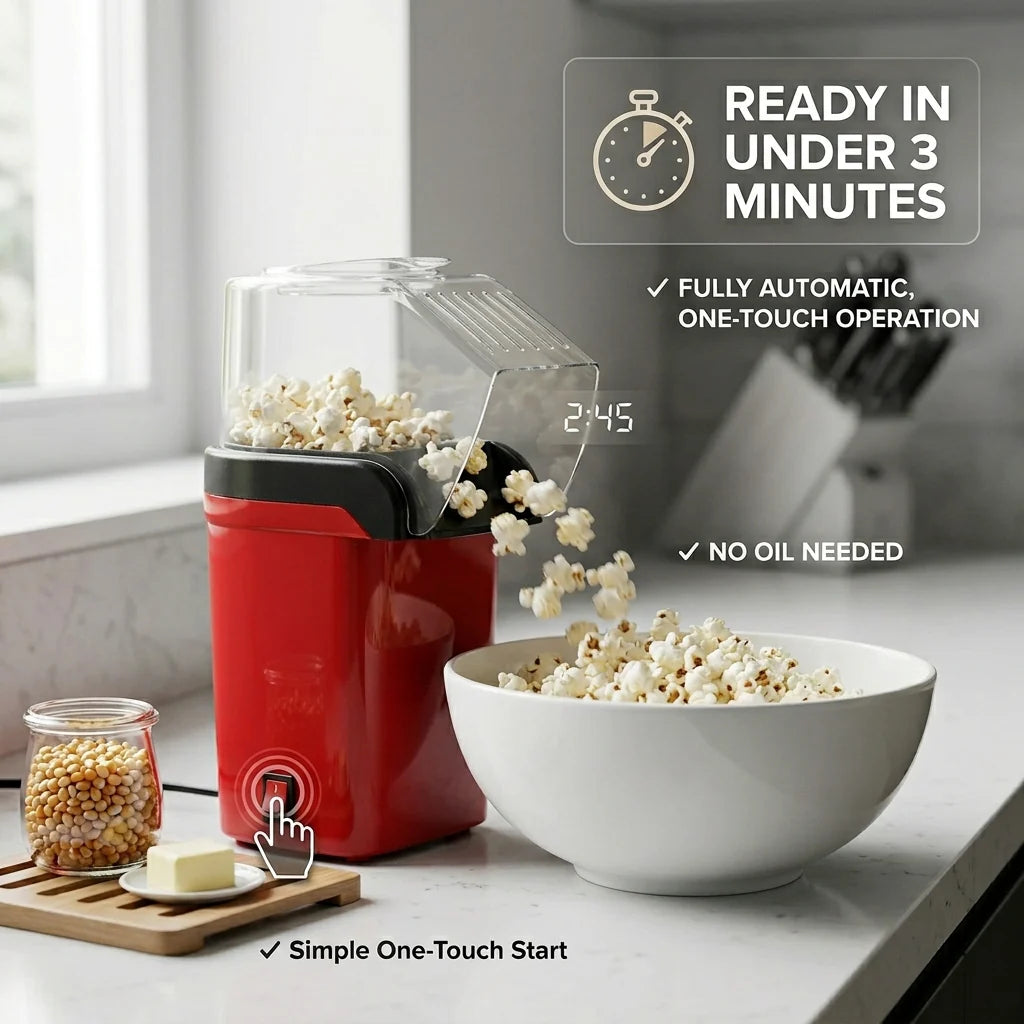EaziCrisp Hot Air Popcorn Popper - 99% High Efficiency Oil-Free Popcorn Maker, Under 3 Minutes Fast Popping