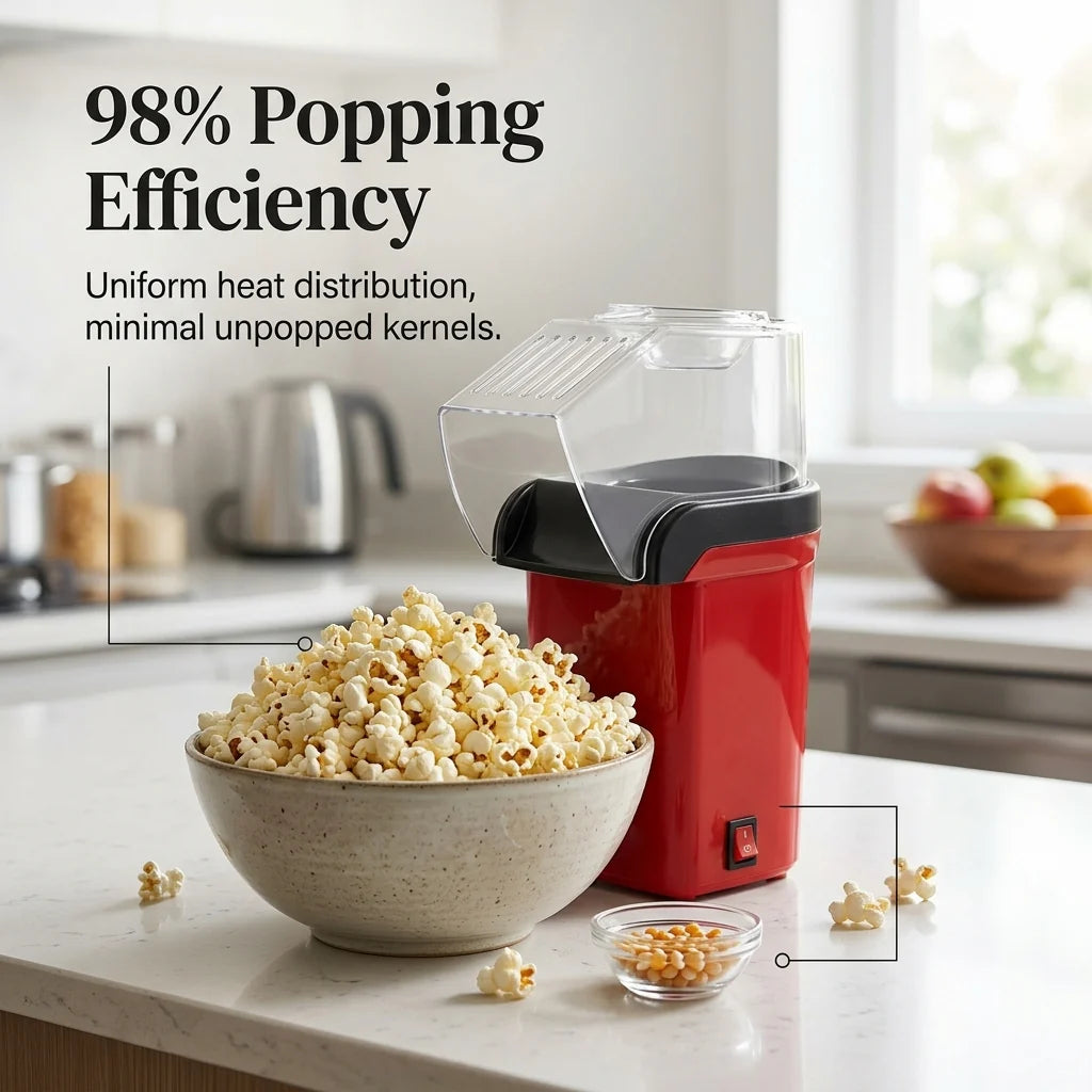 EaziCrisp Hot Air Popcorn Popper - 99% High Efficiency Oil-Free Popcorn Maker, Under 3 Minutes Fast Popping