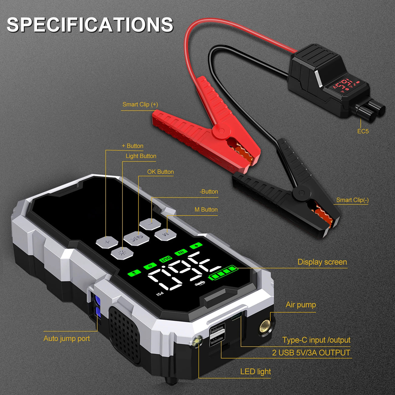 StartZapo V2 7000A Jump Starter with 150 PSI Air Compressor and 26,800mAh Battery