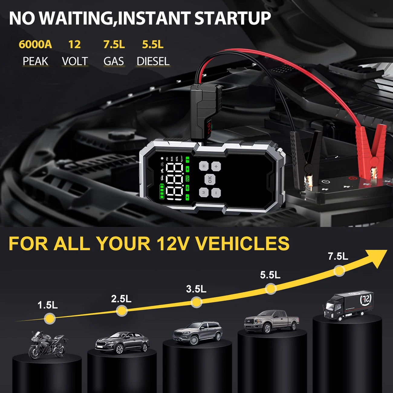 StartZapo V2 7000A Jump Starter with 150 PSI Air Compressor and 26,800mAh Battery
