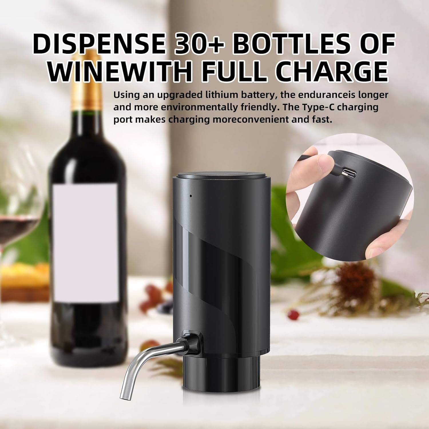 AciWemi Electric Wine Aerator and Pourer with USB Type-C Charging, Instant 20-Minute Decanting Effect and 30-Bottle Battery Life