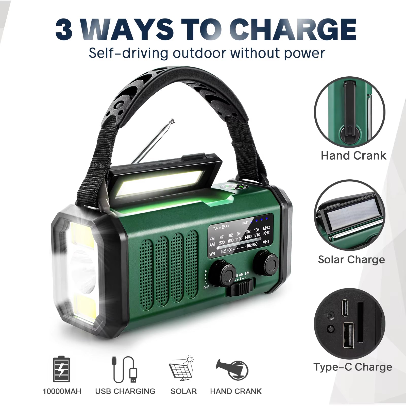 AlertWavi Emergency Weather Radio 10000mAh NOAA Solar Hand Crank Crank Power Bank