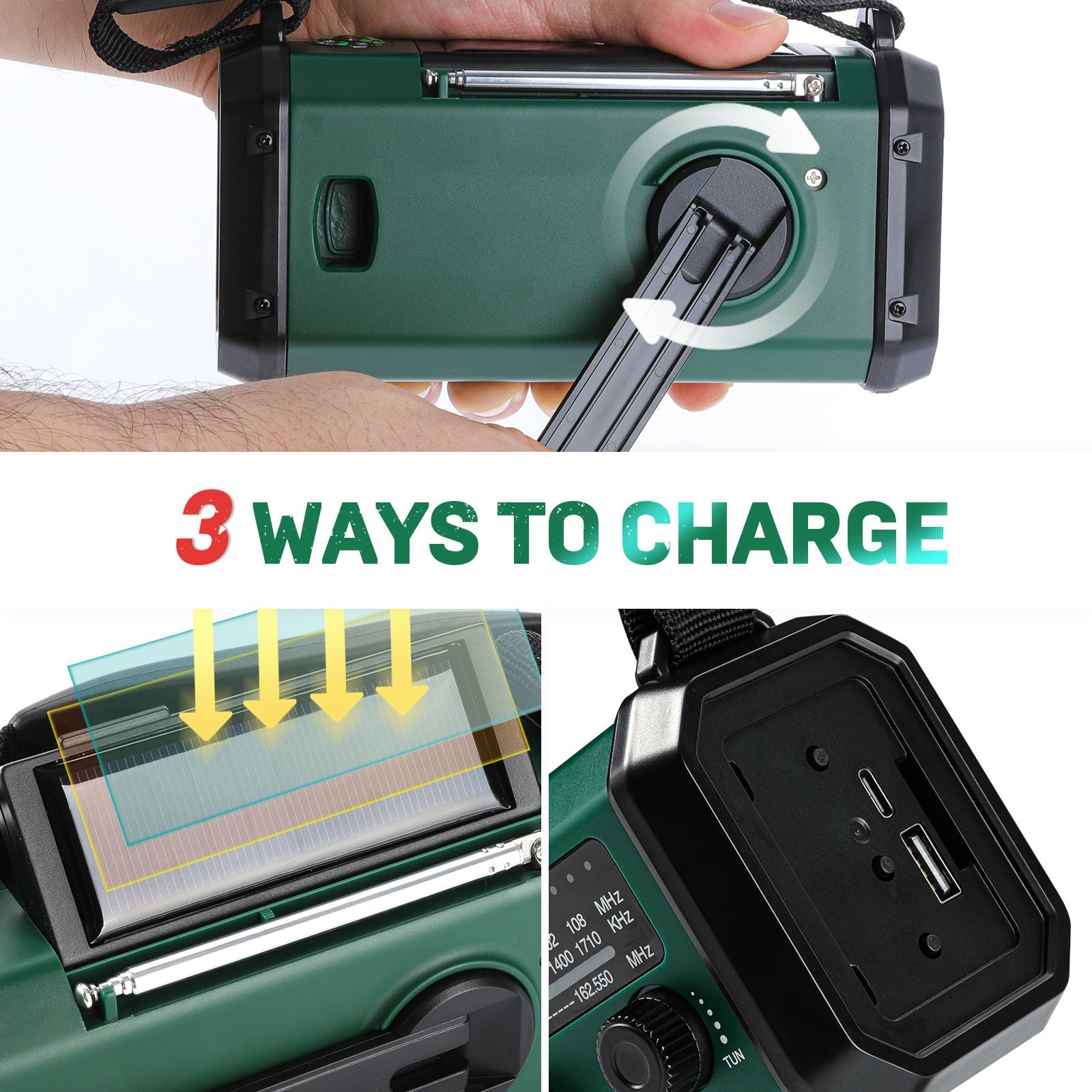 AlertWavi Emergency Weather Radio 10000mAh NOAA Solar Hand Crank Crank Power Bank