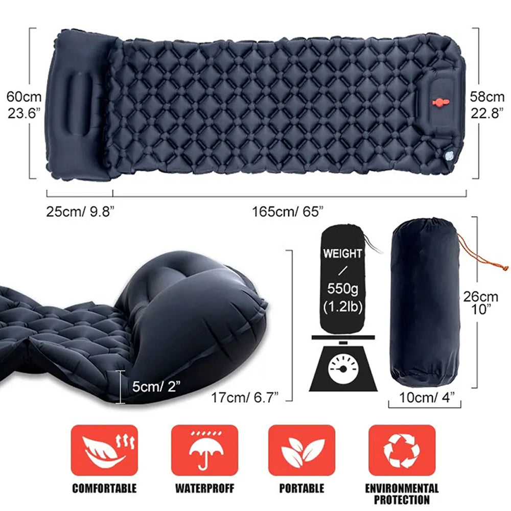 BaSlipix Backpacking Sleeping Pad with Integrated Foot Pump and Built-in Pillow