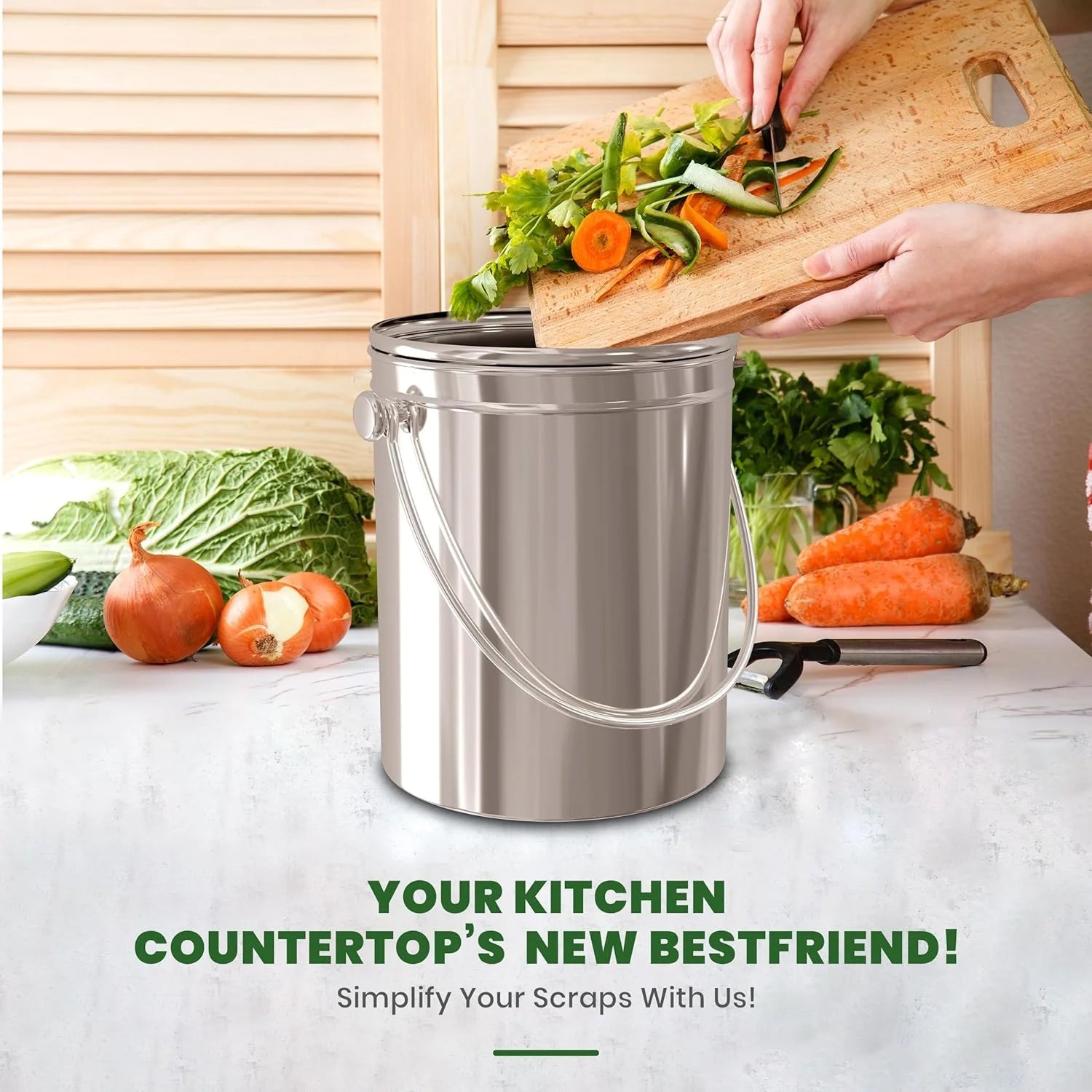 CopixKit Stainless Steel Countertop Compost Bin with Activated Carbon Odor Filter and 30x18x18cm Compact Design