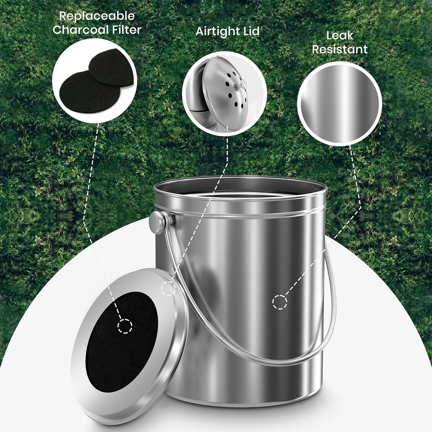 CopixKit Stainless Steel Countertop Compost Bin with Activated Carbon Odor Filter and 30x18x18cm Compact Design