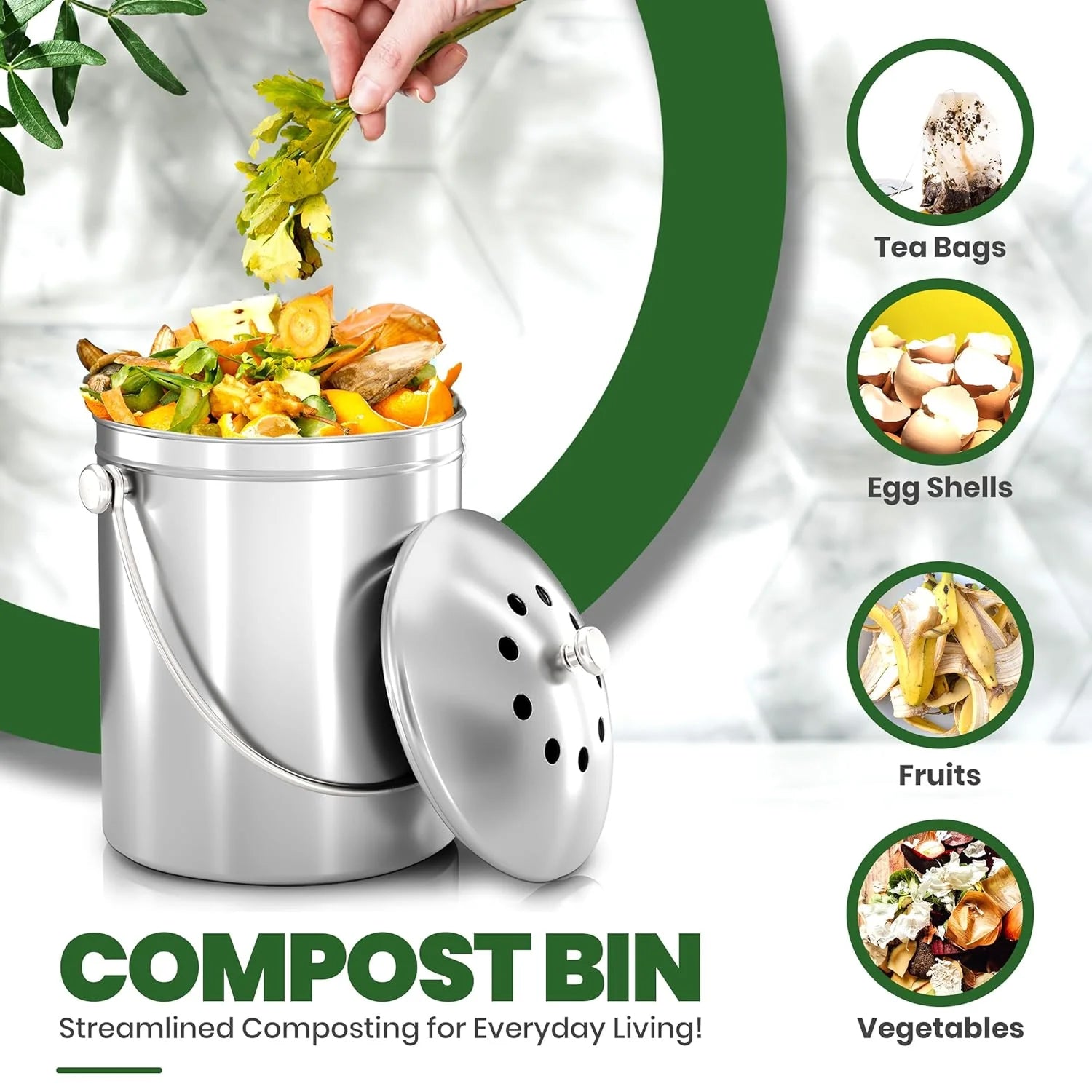 CopixKit Stainless Steel Countertop Compost Bin with Activated Carbon Odor Filter and 30x18x18cm Compact Design