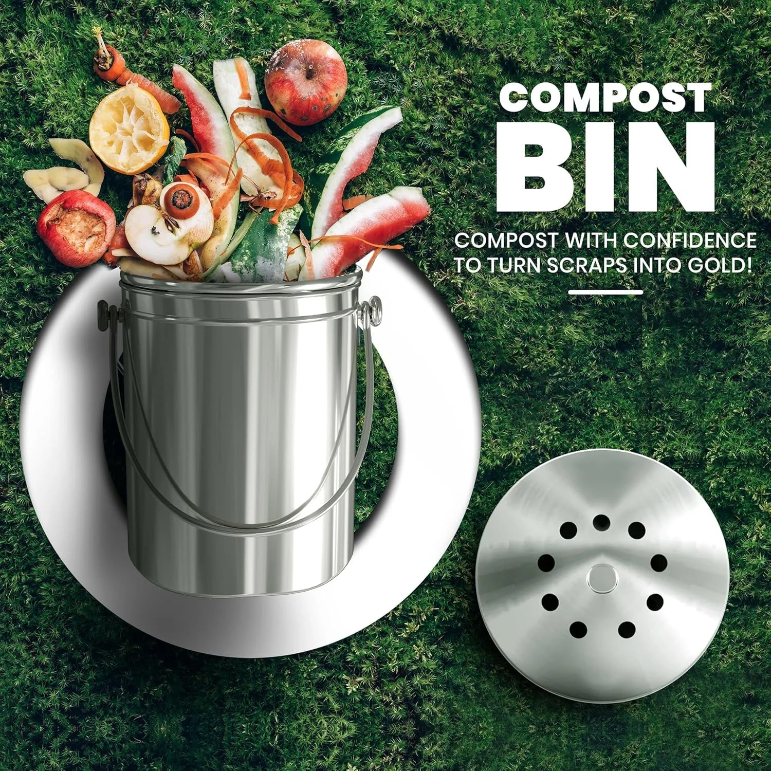 CopixKit Stainless Steel Countertop Compost Bin with Activated Carbon Odor Filter and 30x18x18cm Compact Design