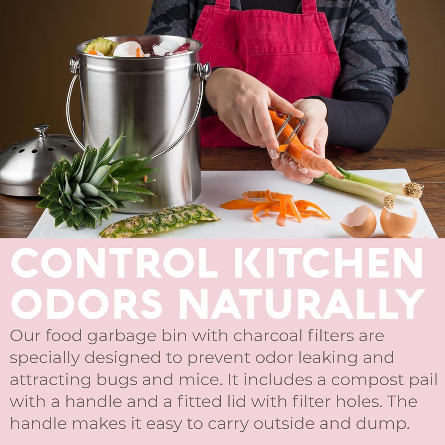 CopixKit Stainless Steel Countertop Compost Bin with Activated Carbon Odor Filter and 30x18x18cm Compact Design