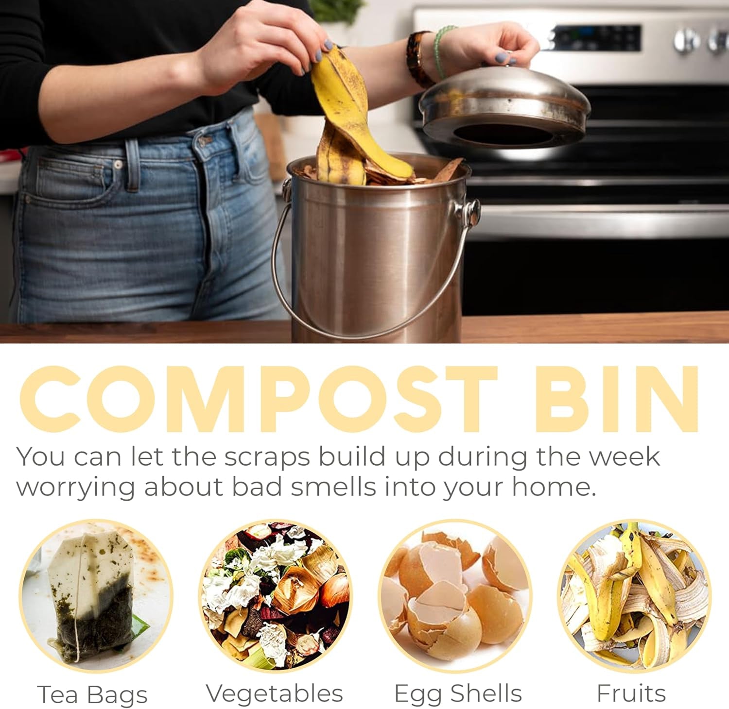 CopixKit Stainless Steel Countertop Compost Bin with Activated Carbon Odor Filter and 30x18x18cm Compact Design