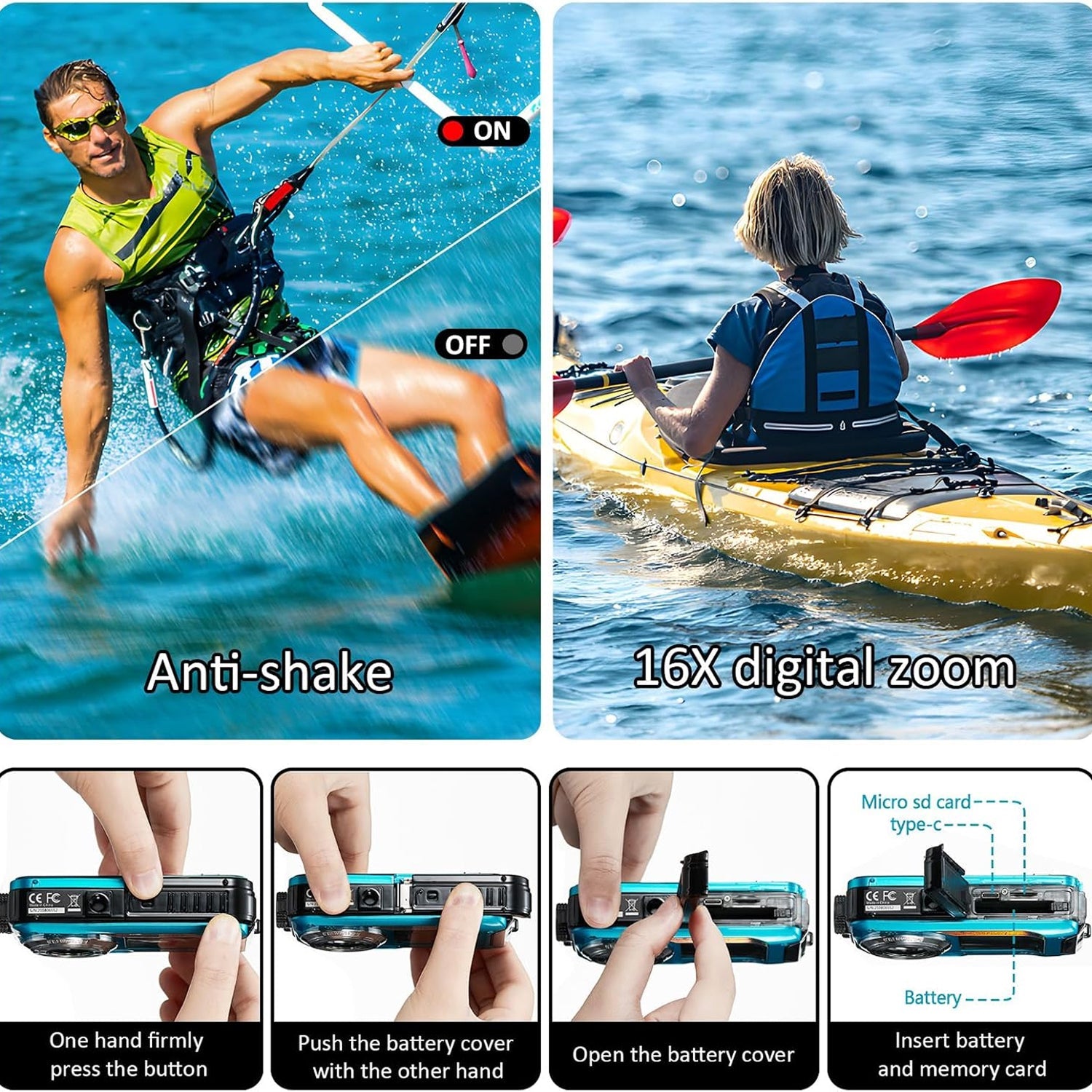 DeepyShot 4K UHD Waterproof Digital Camera 56MP Dual-Screen Selfie Design with 11FT Depth and Floatable Construction