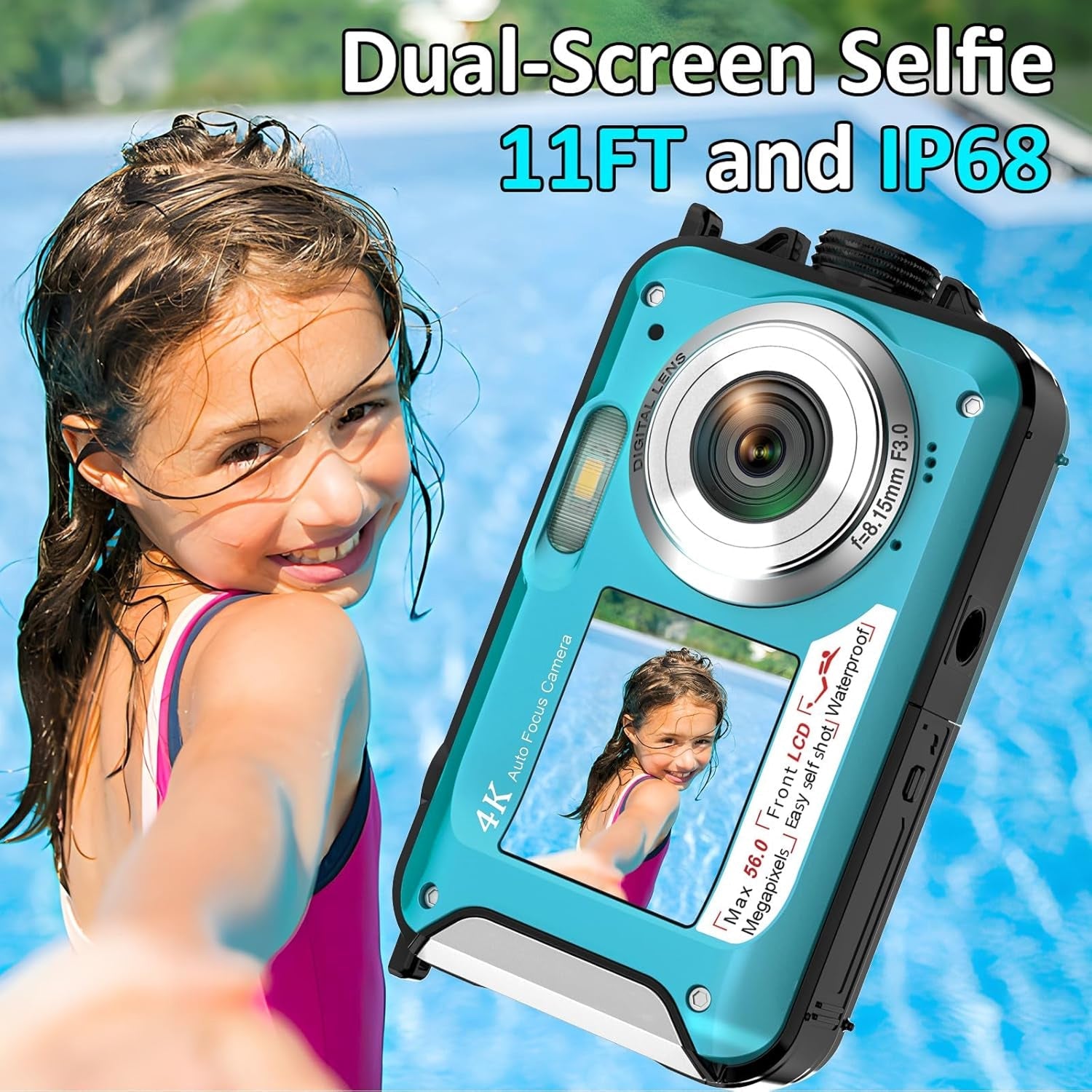DeepyShot 4K UHD Waterproof Digital Camera 56MP Dual-Screen Selfie Design with 11FT Depth and Floatable Construction