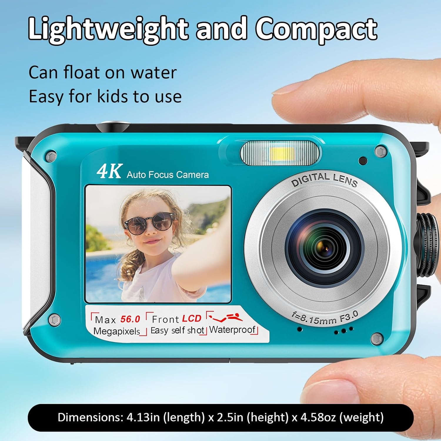 DeepyShot 4K UHD Waterproof Digital Camera 56MP Dual-Screen Selfie Design with 11FT Depth and Floatable Construction