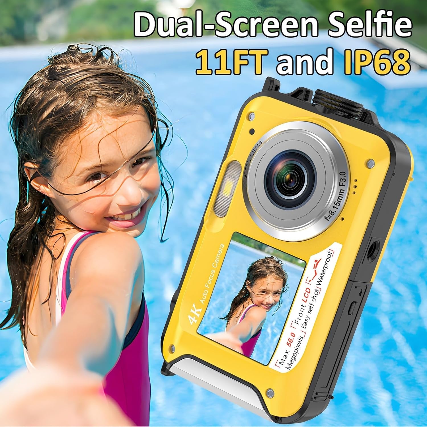 DeepyShot 4K UHD Waterproof Digital Camera 56MP Dual-Screen Selfie Design with 11FT Depth and Floatable Construction