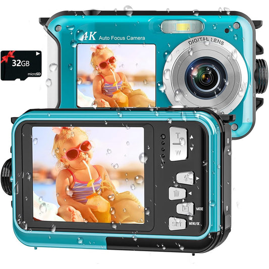 DeepyShot 4K UHD Waterproof Digital Camera 56MP Dual-Screen Selfie Design with 11FT Depth and Floatable Construction