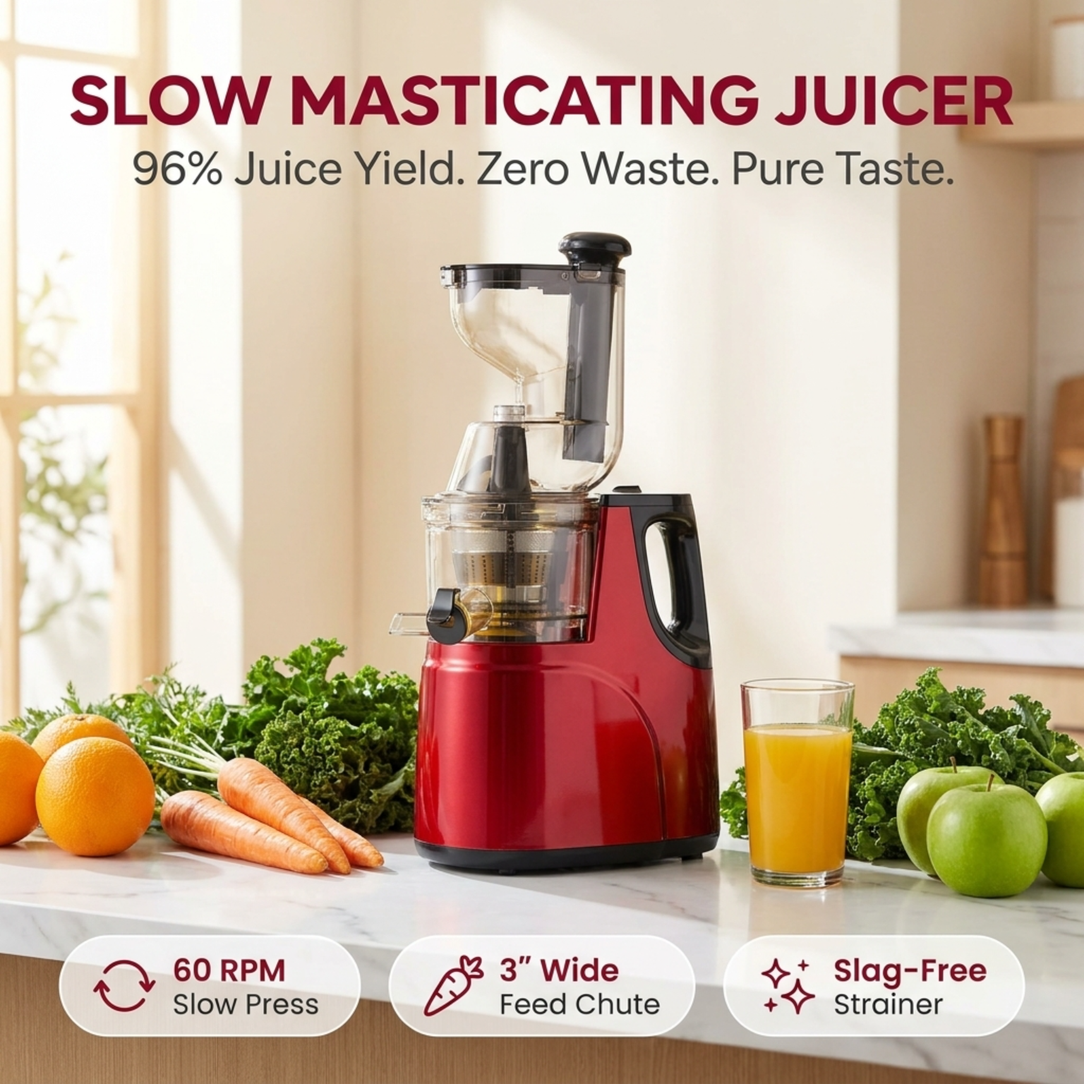 FrostyClas Cold Press Juicer 97% Yield Slow Masticating Juicer 70mm Large Feed Chute