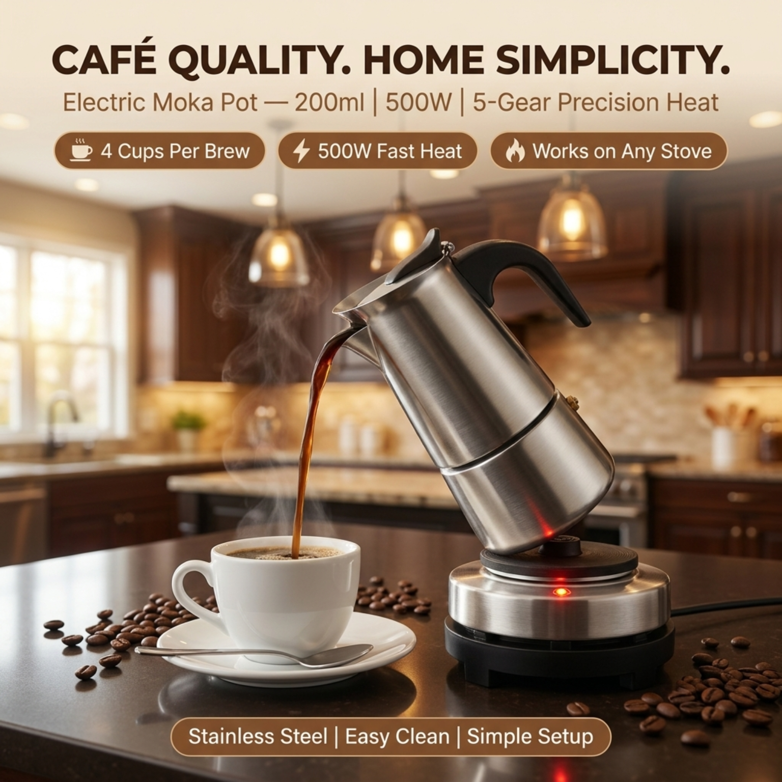 PeviComak Electric Coffee Percolator 304 Stainless Steel with 5-Gear Temp Control