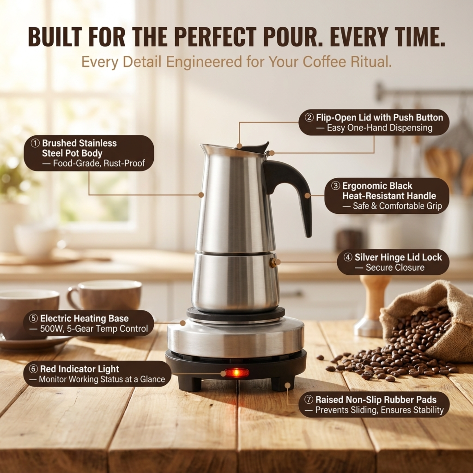 PeviComak Electric Coffee Percolator 304 Stainless Steel with 5-Gear Temp Control