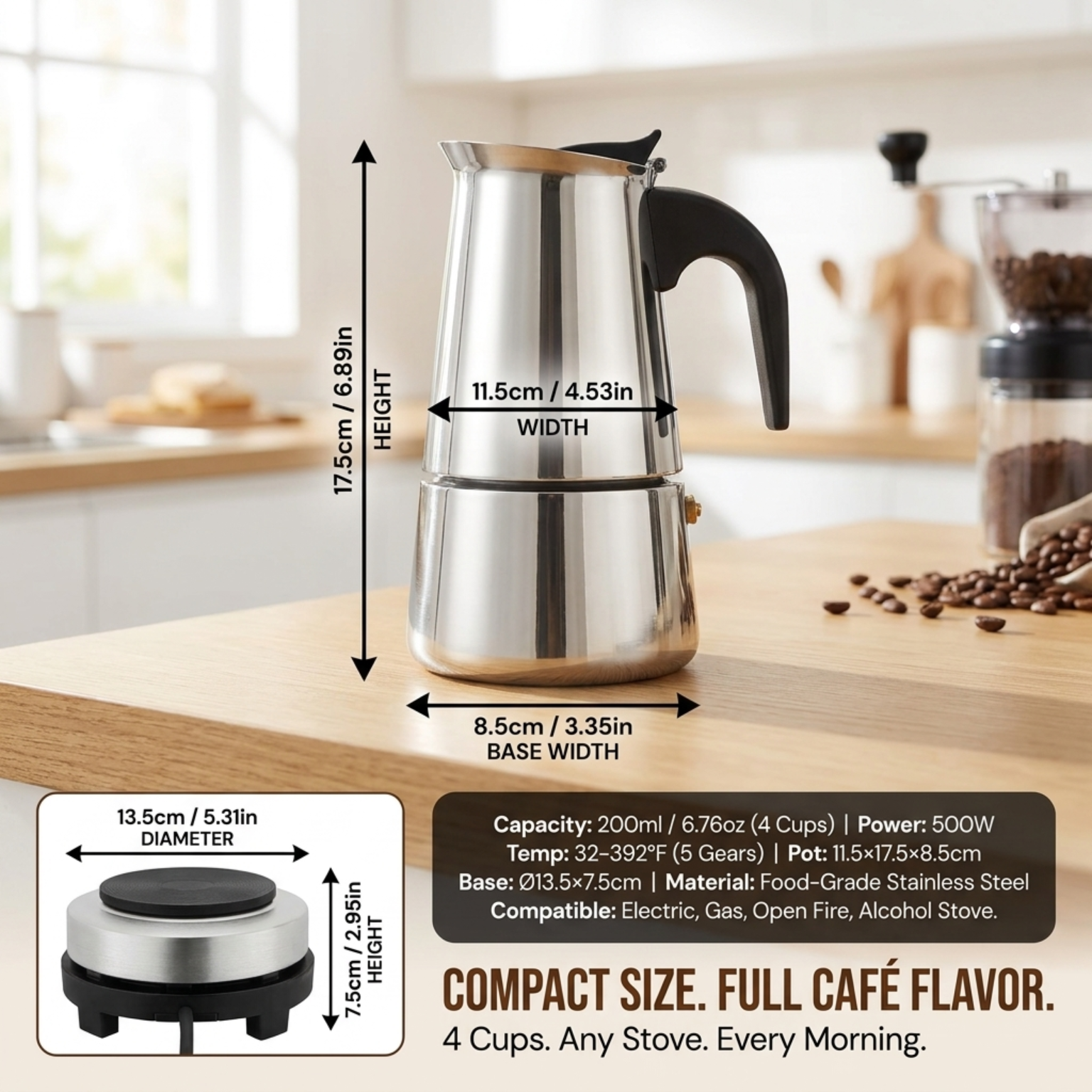 PeviComak Electric Coffee Percolator 304 Stainless Steel with 5-Gear Temp Control