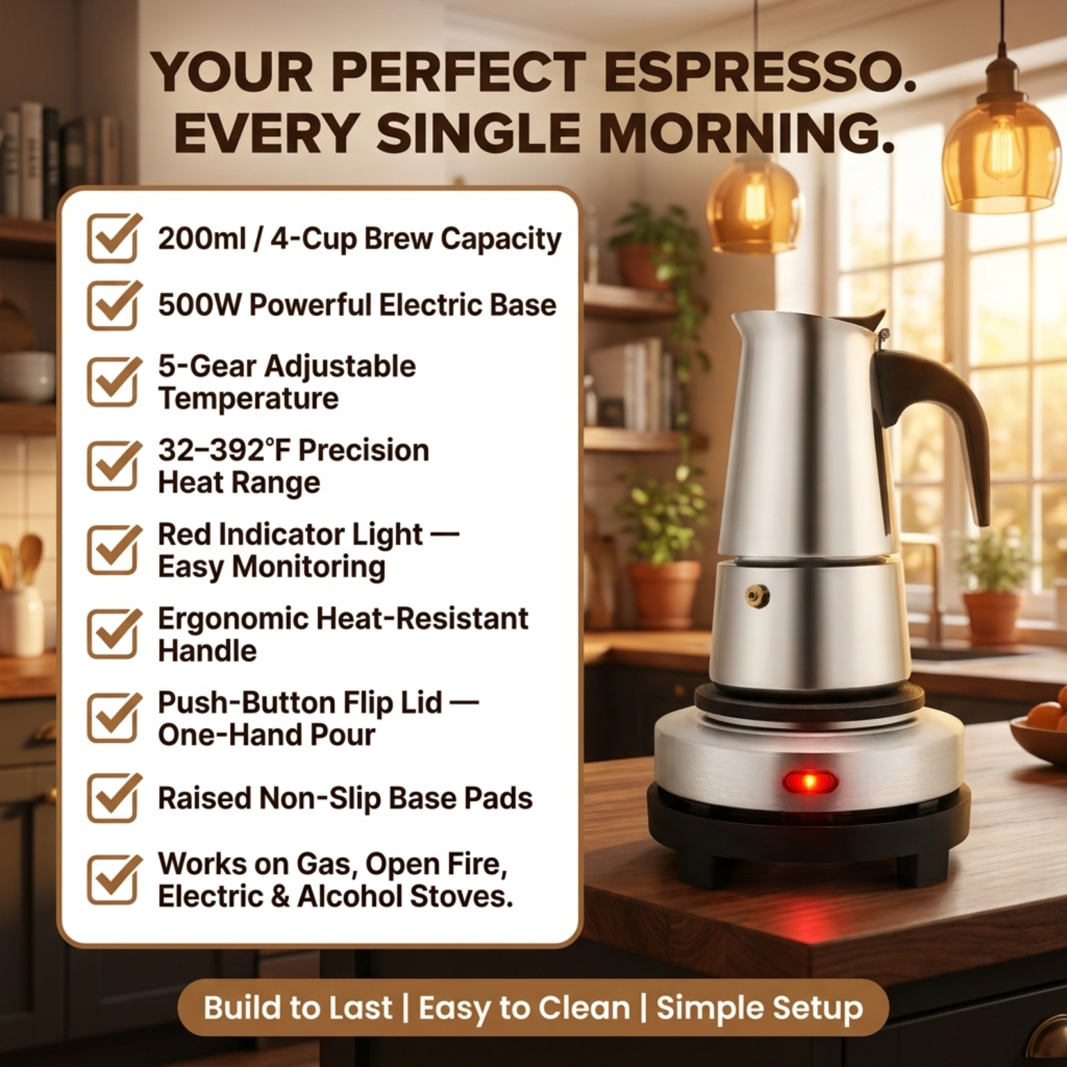 PeviComak Electric Coffee Percolator 304 Stainless Steel with 5-Gear Temp Control