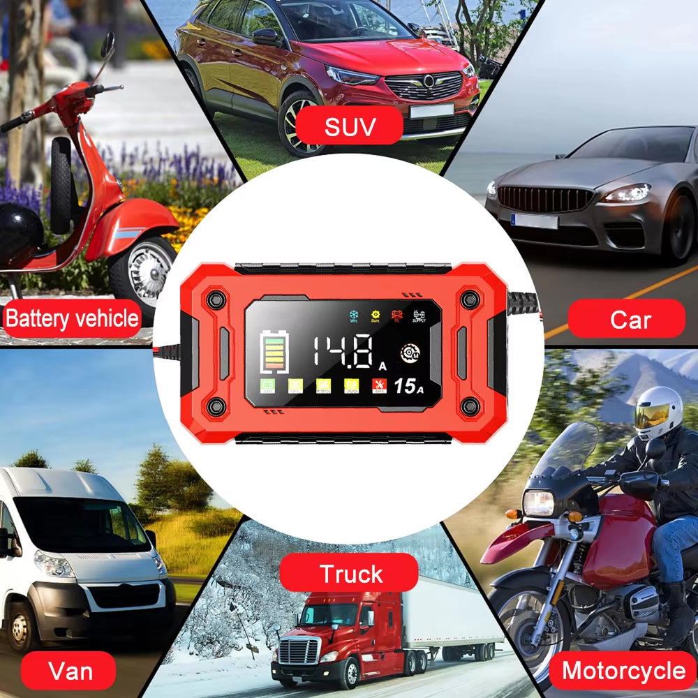 EnerOsci 15A Smart Car Battery Charger LiFePO4 Lithium Pulse Repair 12V/24V with HD Screen