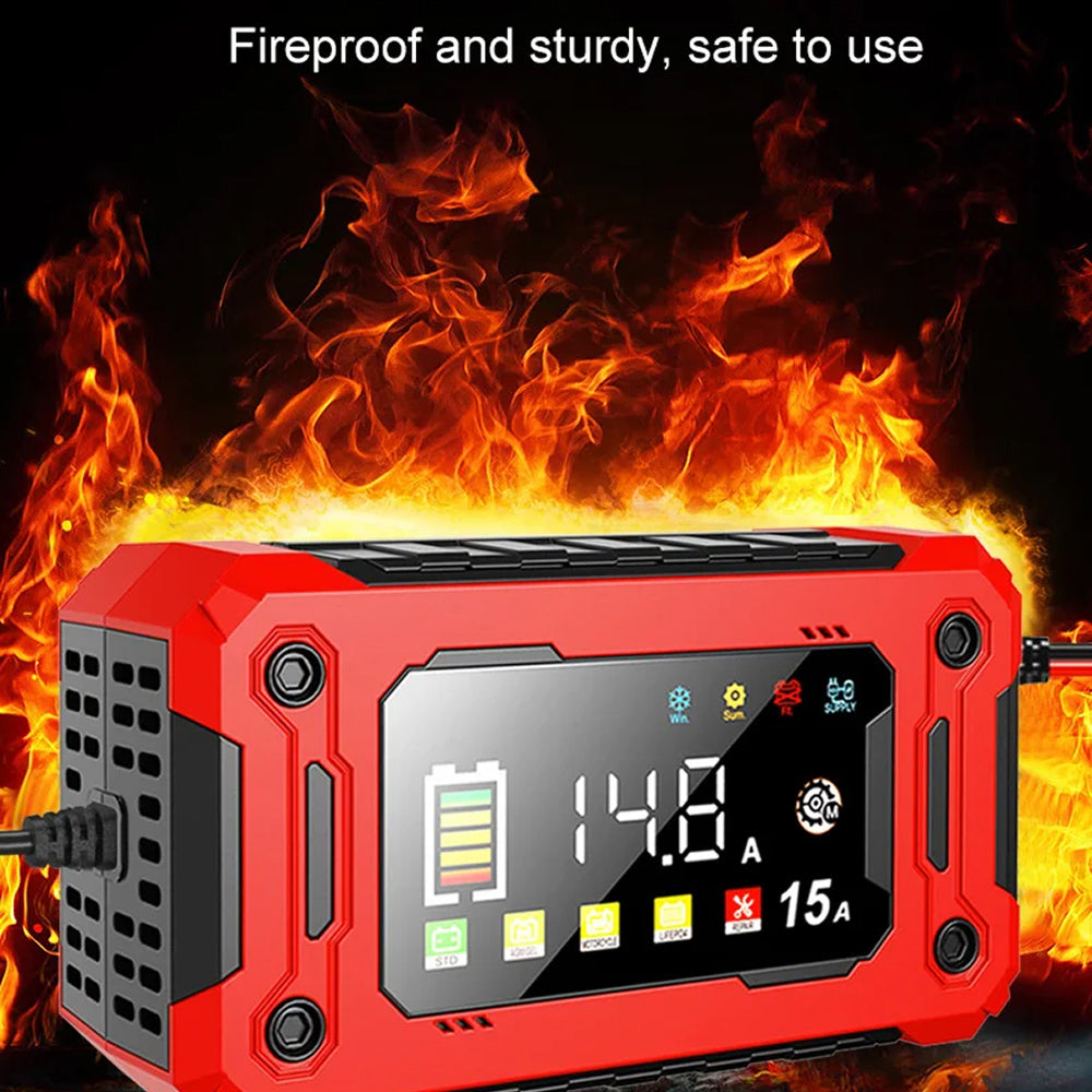 EnerOsci 15A Smart Car Battery Charger LiFePO4 Lithium Pulse Repair 12V/24V with HD Screen