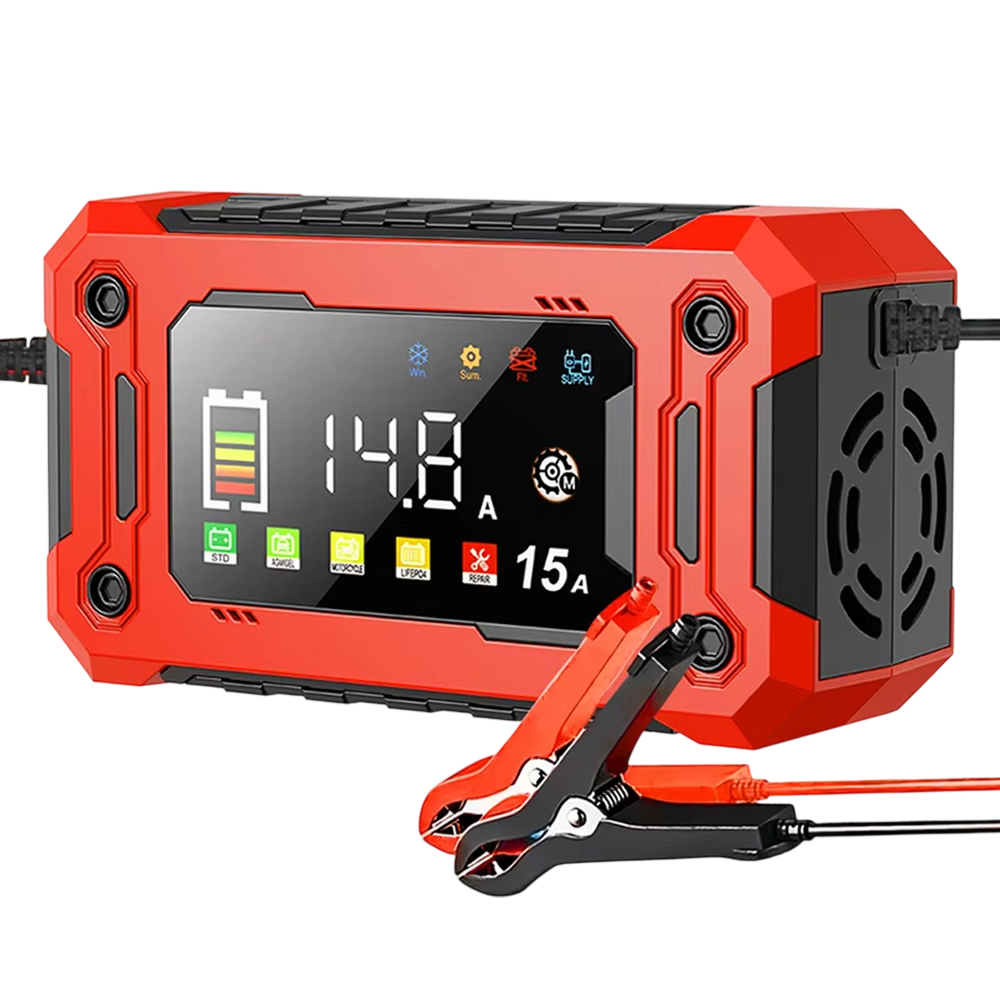 EnerOsci 15A Smart Car Battery Charger LiFePO4 Lithium Pulse Repair 12V/24V with HD Screen