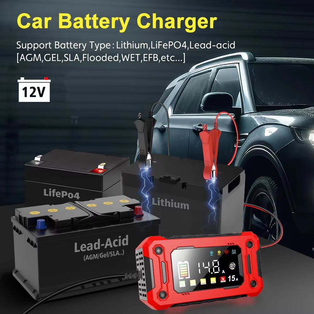 EnerOsci 15A Smart Car Battery Charger LiFePO4 Lithium Pulse Repair 12V/24V with HD Screen