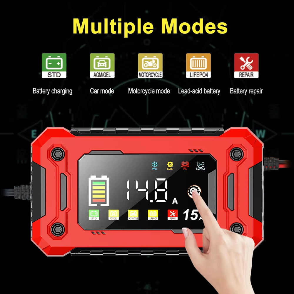 EnerOsci 15A Smart Car Battery Charger LiFePO4 Lithium Pulse Repair 12V/24V with HD Screen