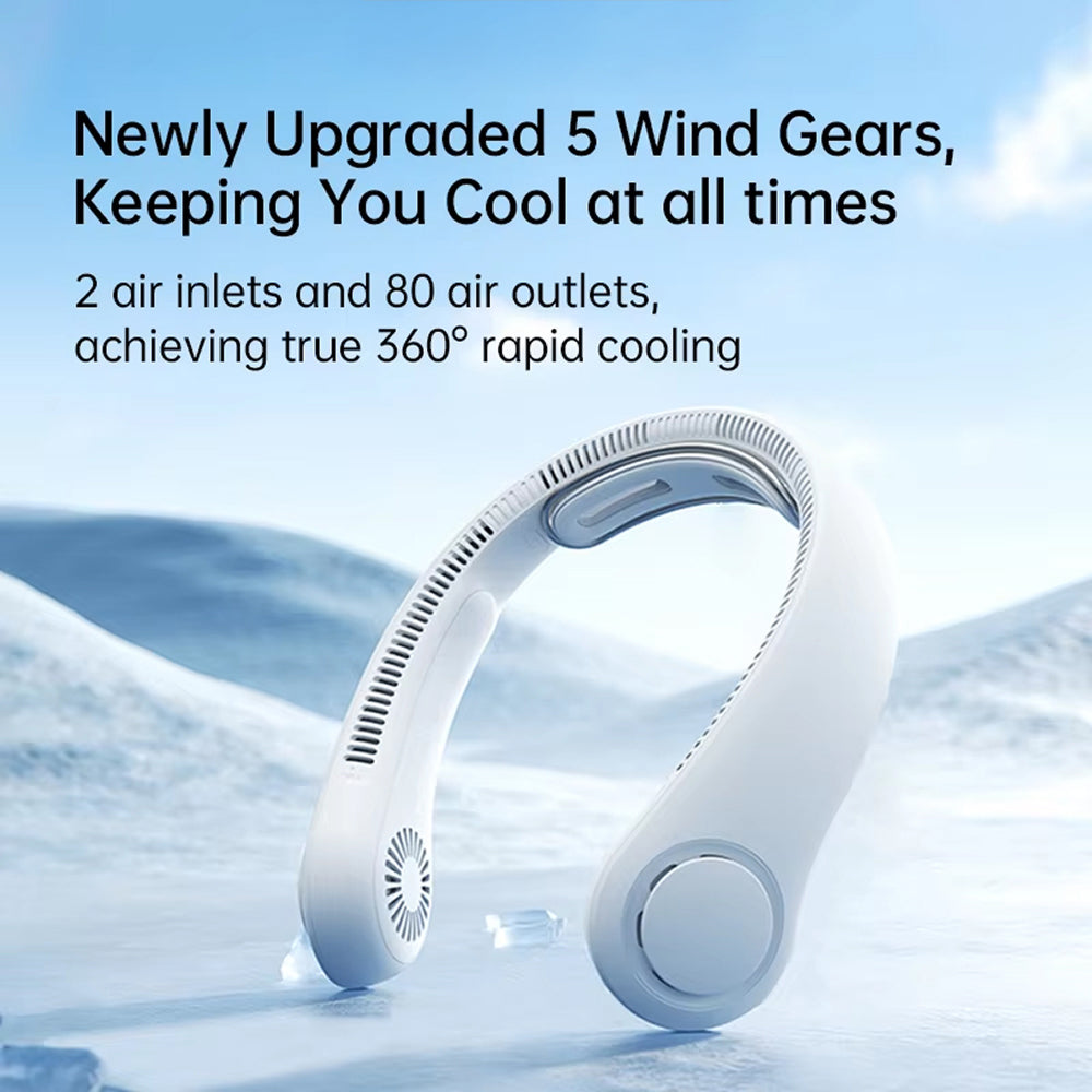 FaniWixe Neck Fan 5-Speed Bladeless 5000mAh Battery 16.5H Runtime 360° Cooling for Travel