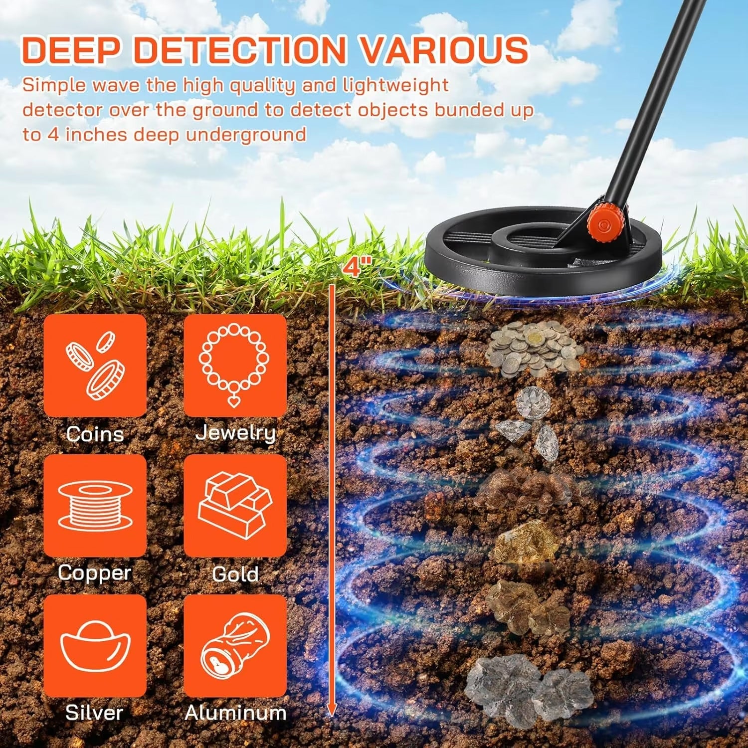 Findytrex Metal Detector for Kids IP68 Waterproof Coil with LCD Display, Adjustable Stem and 2 Detection Modes