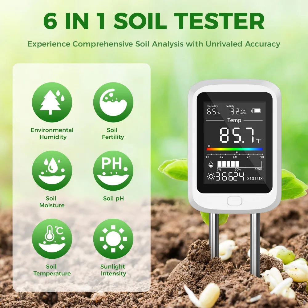 FizoMast 6-in-1 Soil Moisture Meter with 90° Rotatable HD Color Screen and Fertility Tester
