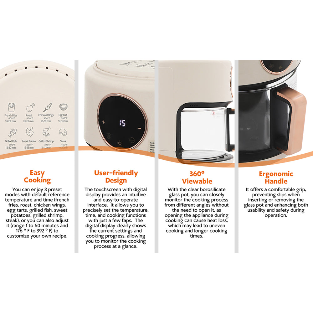 FrixAiry Non-Toxic Glass Air Fryer with 100% PFAS-Free Borosilicate Pot, 360° Visual Monitoring and 8 Cooking Presets