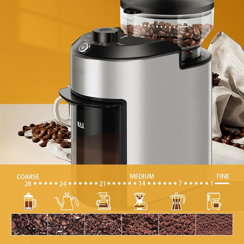 GrixFeni Precision Burr Coffee Grinder with 28 Grind Settings, Anti-Static Technology and 2–12 Cup Adjustable Capacity
