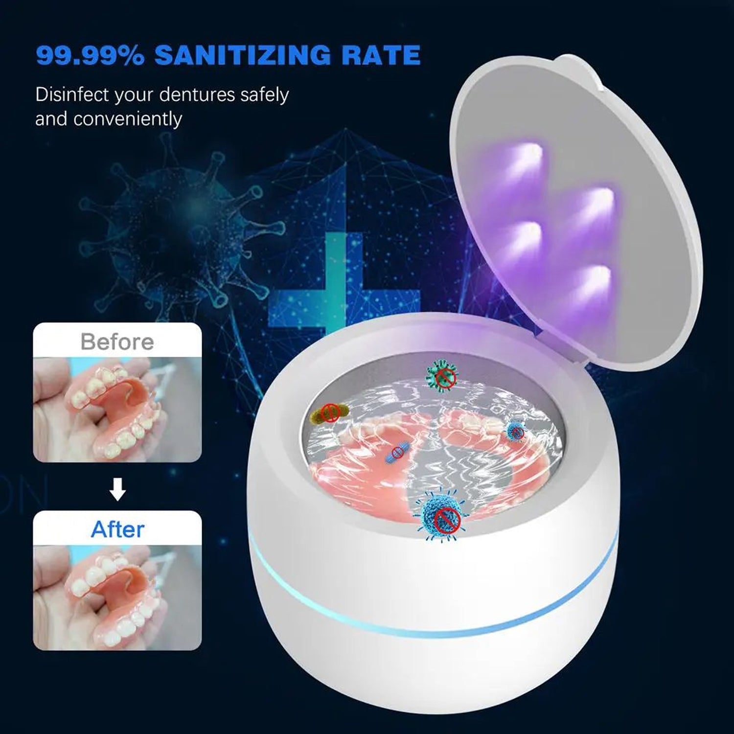 OsicClear Dental Pod Cleaner, 42kHz UV-C Sanitizer, 304 Steel, Portable Machine for Dentures