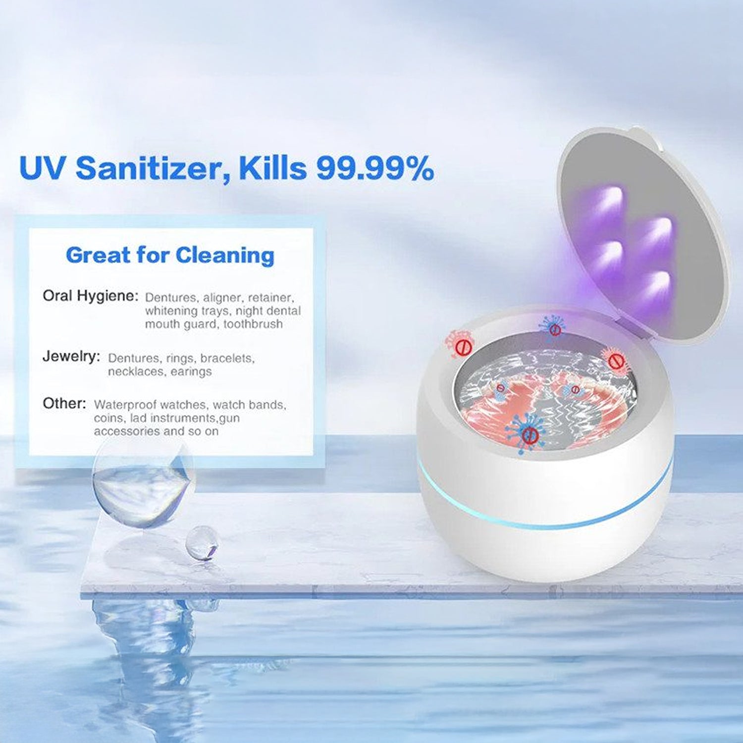 OsicClear Dental Pod Cleaner, 42kHz UV-C Sanitizer, 304 Steel, Portable Machine for Dentures