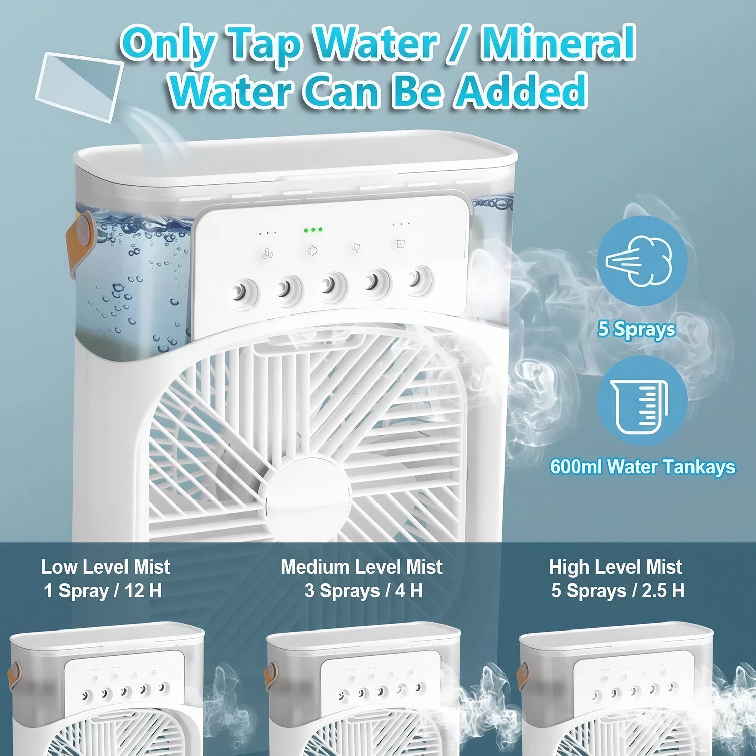 PuriXaco Portable Air Conditioner 600ml 3-in-1 Evaporative Cooler 3-Speed Mist Fan 7-Color LED