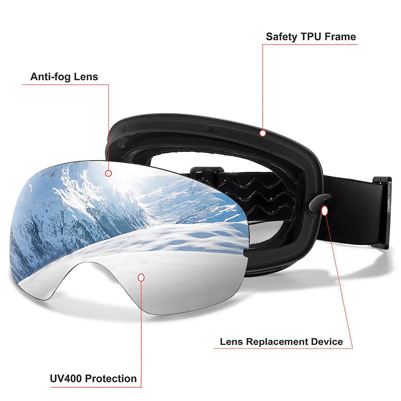 RosGlaco Ski Goggles Frameless , Oversized Anti-Fog Snowboard Goggles with Spare Lens