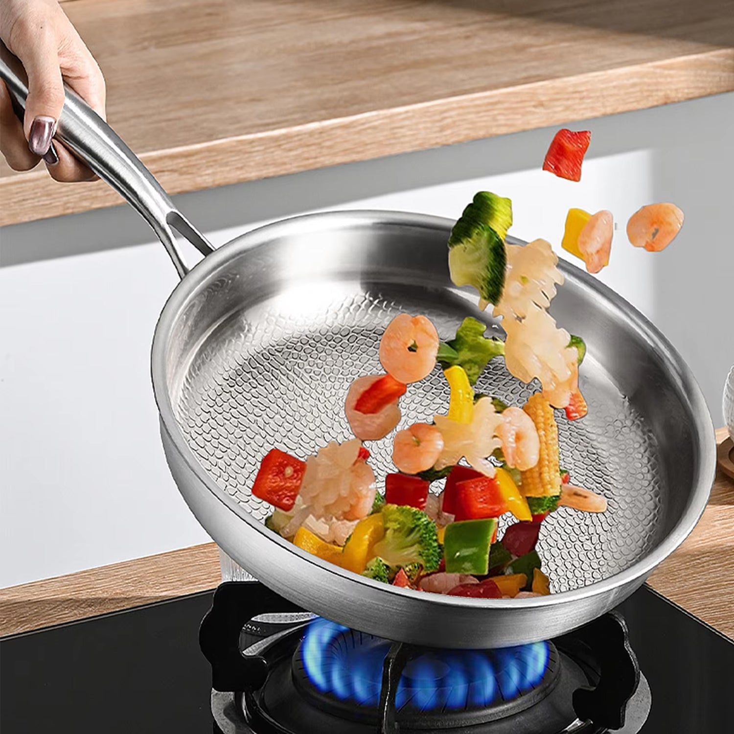 TiMaxpi Titanium Non-Stick Pan with Glass Lid - 4-Layer Hammer-Forged Construction