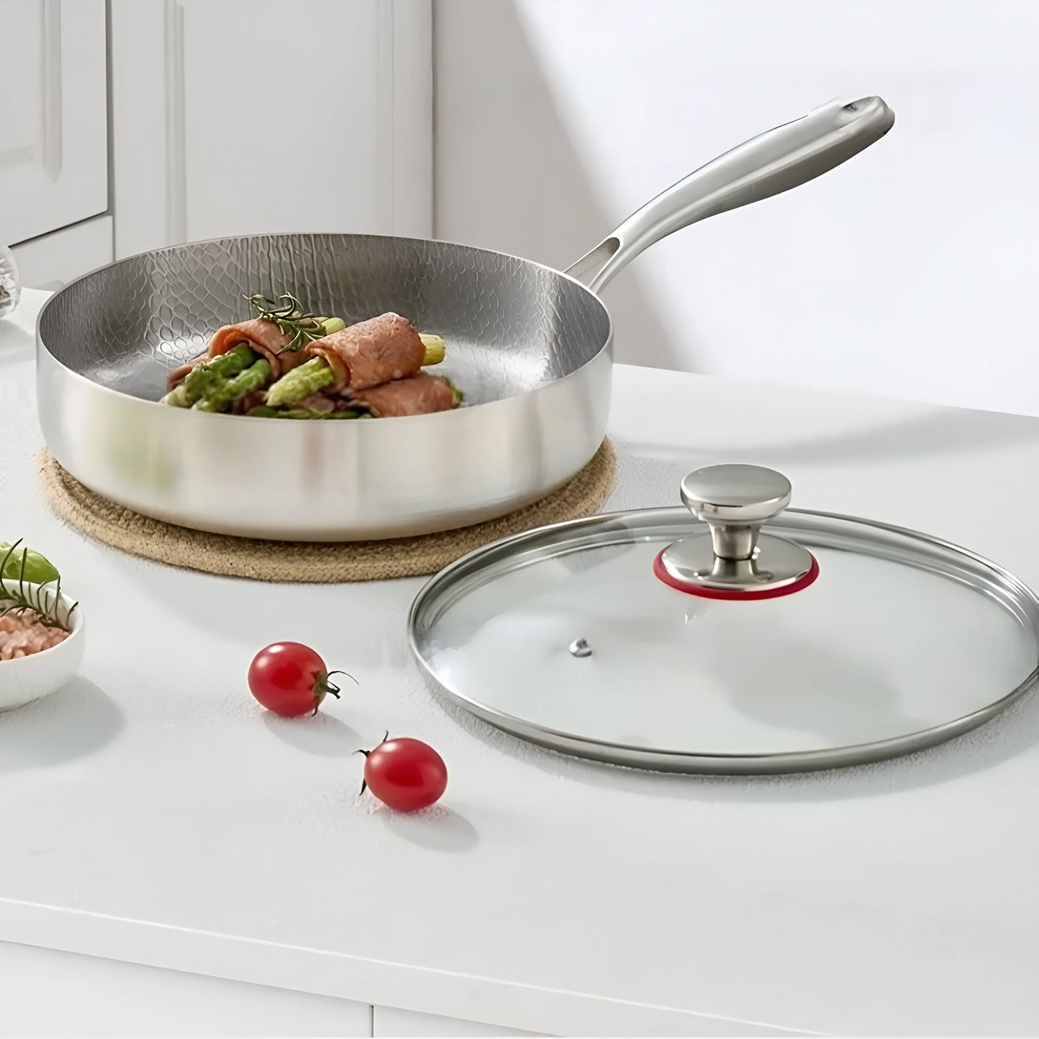 TiMaxpi Titanium Non-Stick Pan with Glass Lid - 4-Layer Hammer-Forged Construction