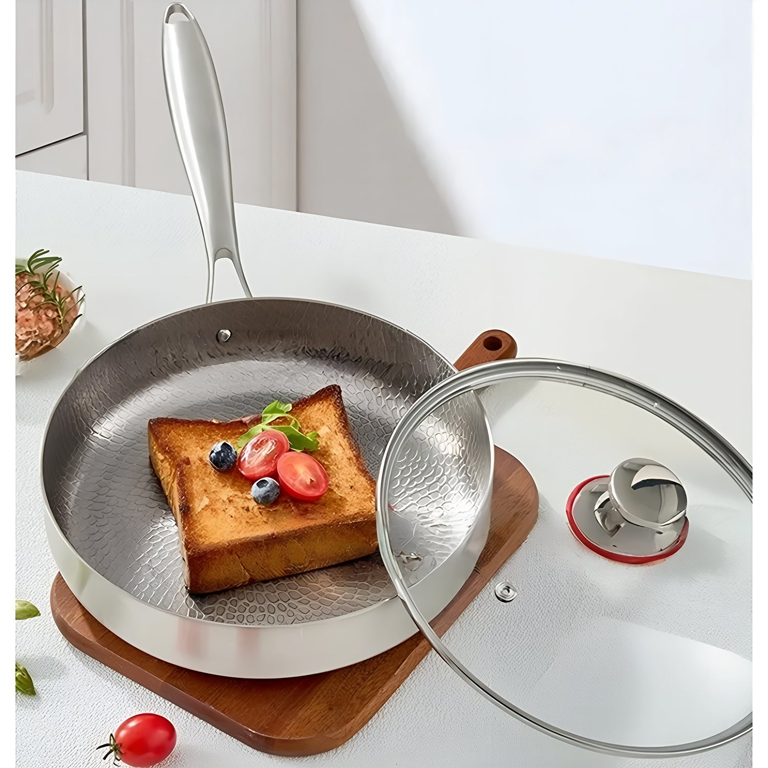 TiMaxpi Titanium Non-Stick Pan with Glass Lid - 4-Layer Hammer-Forged Construction