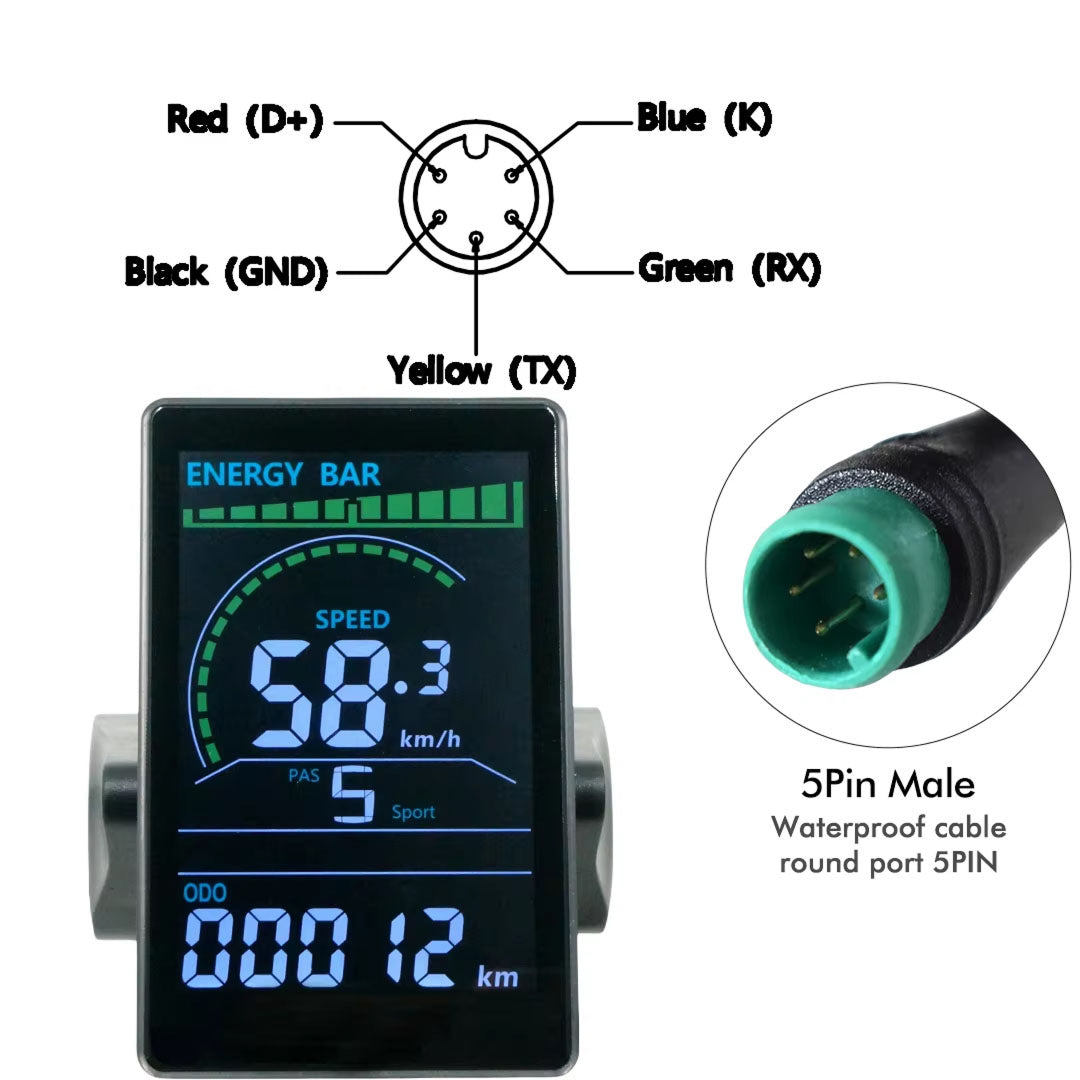 VeloALit Universal E-Bike Cycling Computer 24V-60V IPX6 Waterproof with UART 2 Protocol and USB Charging Port