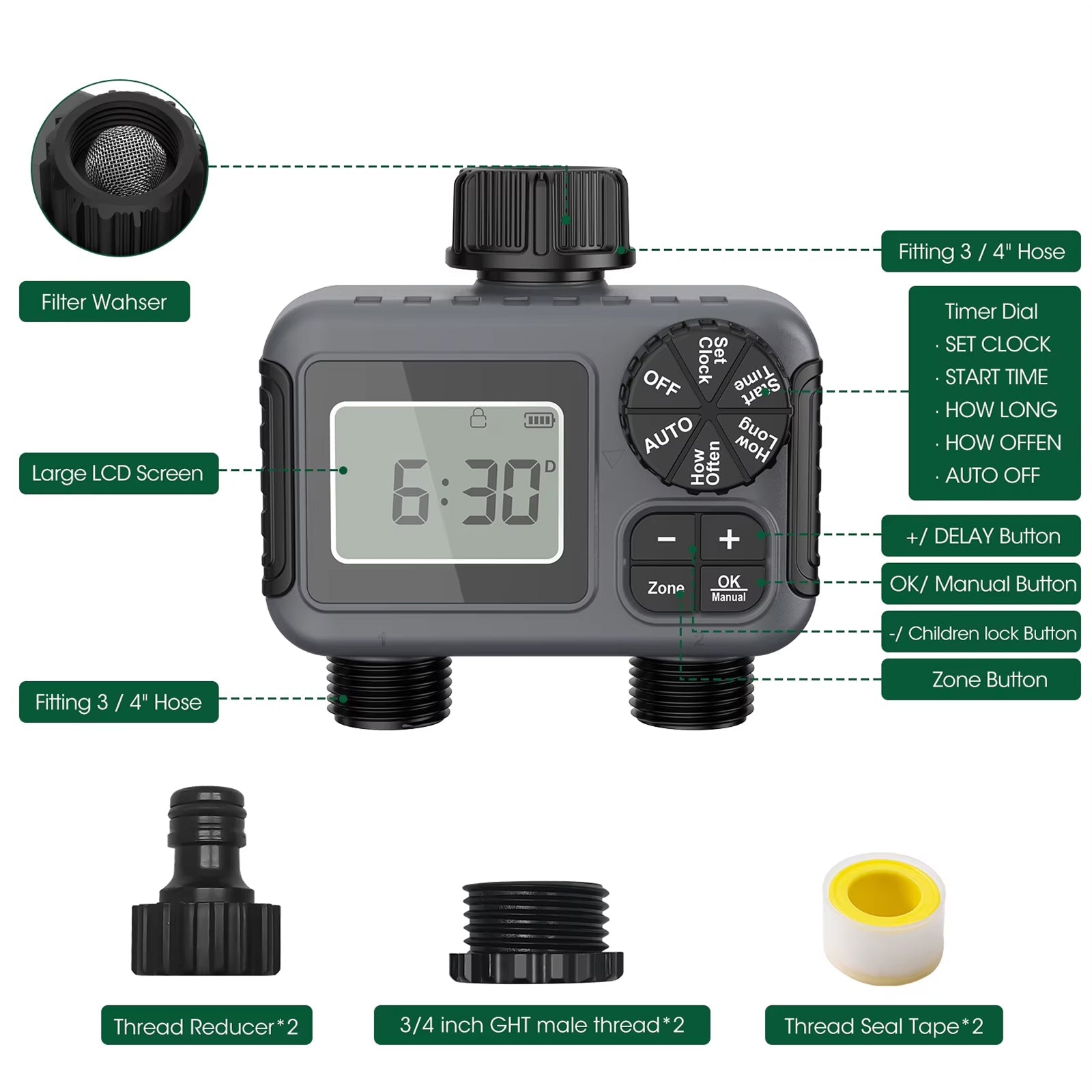 ViGratix Dual-Zone Garden Water Timer 116 PSI Leak-Proof Irrigation Controller with Rain Delay