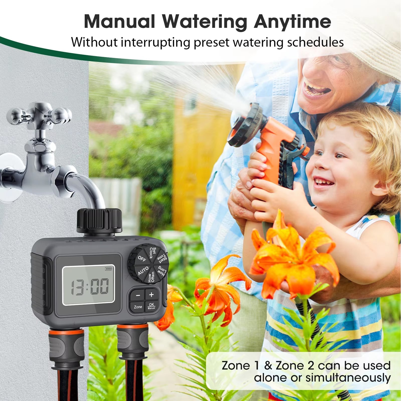 ViGratix Dual-Zone Garden Water Timer 116 PSI Leak-Proof Irrigation Controller with Rain Delay
