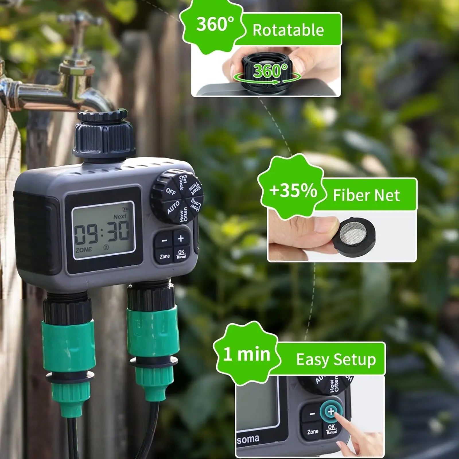 ViGratix Dual-Zone Garden Water Timer 116 PSI Leak-Proof Irrigation Controller with Rain Delay