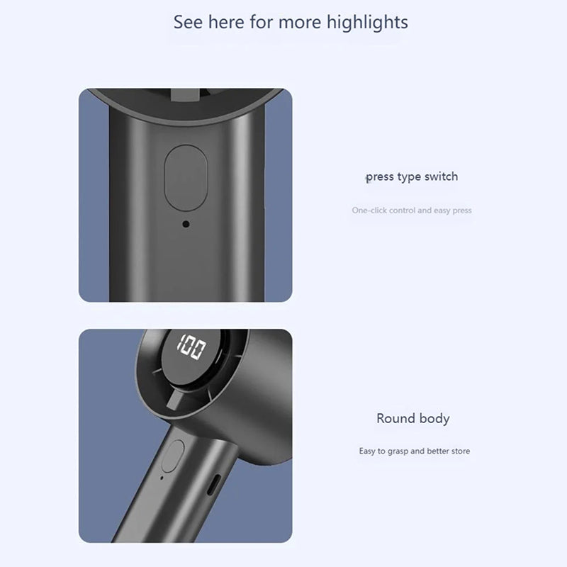 VinizFan Portable Handheld Fan with 100-Speed Stepless Adjustment Bladeless Turbine Cooling and LED Display