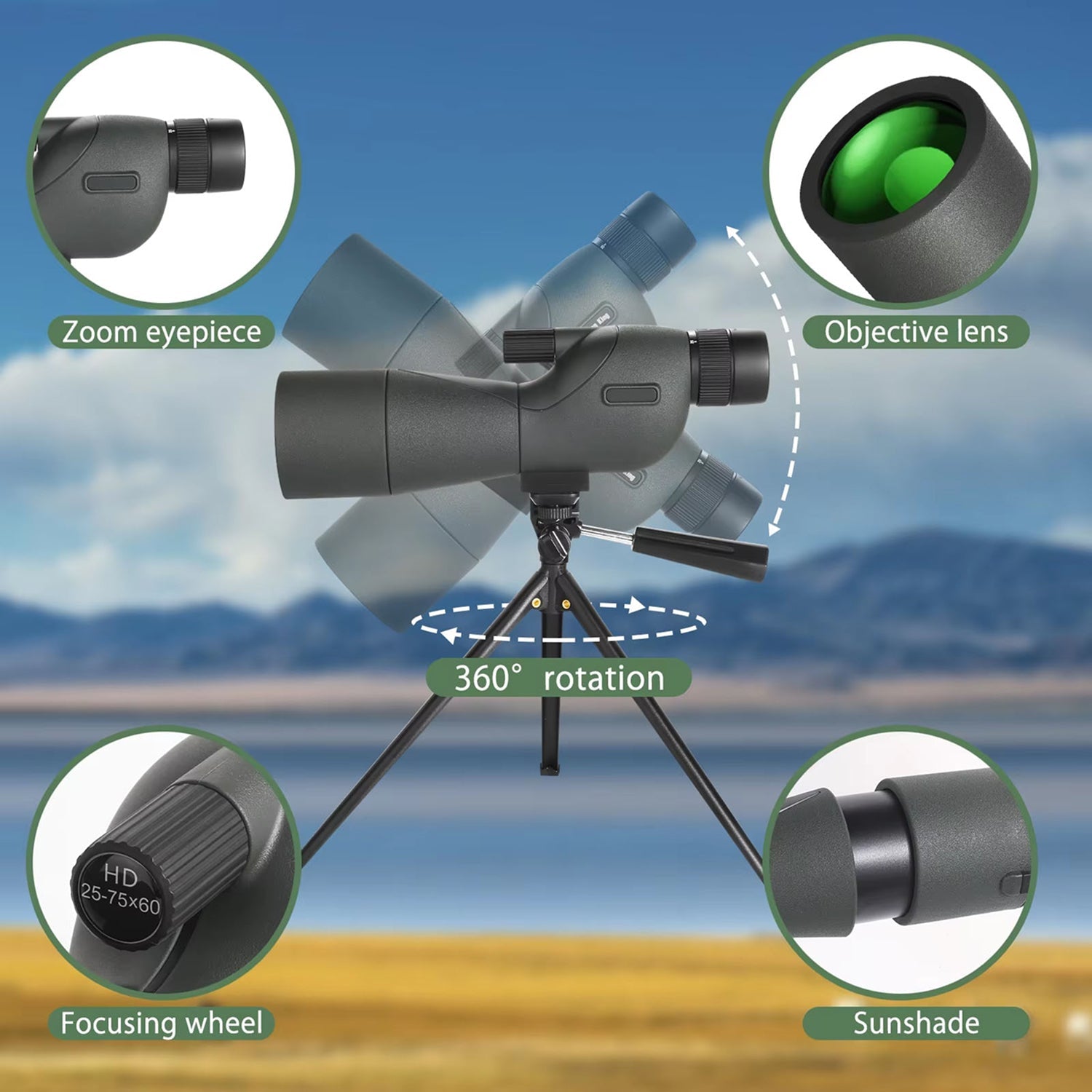 UnixClos Spotting Scope 25-75x60mm HD BAK4 Prism Waterproof with Phone Adapter